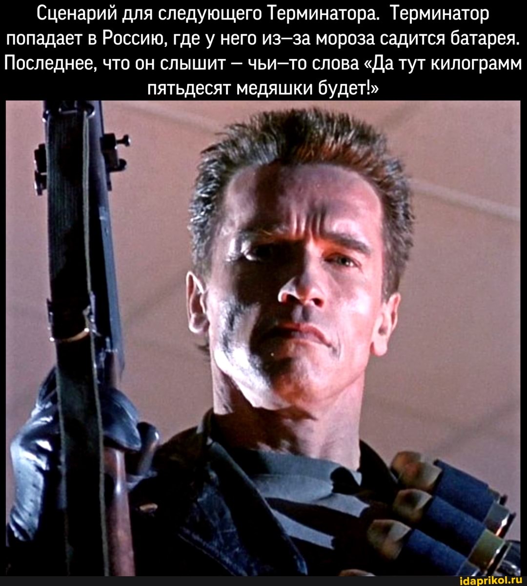 Сценарий для следующего Терминатора. Терминатор попадает в Россию, где у него из-за мороза садится батарея.
Последнее, что он слышит - чьи-то слова "Да тут килограмм
пятьдесят медяшки будет"