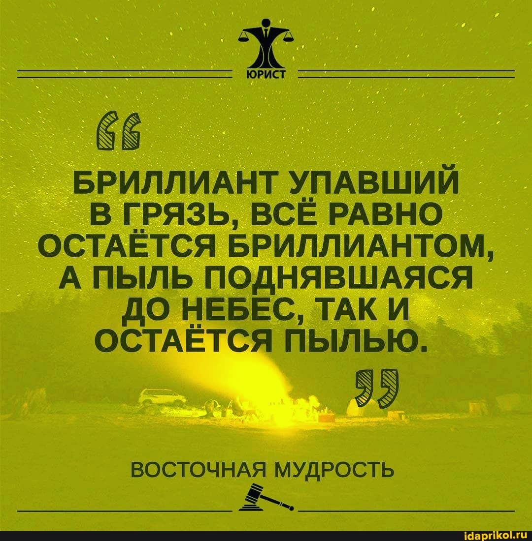 ЮРИСТ
66
БРИЛЛИАНТ УПАВШИЙ В ГРЯЗЬ, ВСЁ РАВНО ОСТАЁТСЯ БРИЛЛИАНТОМ,
А ПЫЛЬ ПОДНЯВШАЯСЯ ДО НЕБЕС, ТАК И ОСТАЁТСЯ ПЫЛЬЮ.
ВОСТОЧНАЯ МУДРОСТЬ