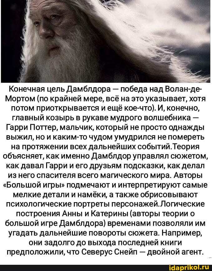 Конечная цель Дамблдора - победа над Волан-де-
Мортом (по крайней мере, всё на это указывает, хотя потом приоткрывается и ещё кое-что). И, конечно, главный козырь в рукаве мудрого волшебника -
Гарри Поттер, мальчик, который не просто однажды выжил, но и каким-то чудом умудрился не помереть на протяжении всех дальнейших событий.Теория обтясняет, как именно Дамблдор управлял сюжетом, как давал Гарри и его друзьям подсказки, как делал из него спасителя всего магического мира. Авторы
"Большой игры" подмечают и интерпретируют самые мелкие детали и намёки, а также обрисовывают психологические портреты персонажей.Логические построения Анны и Катерины (авторы теории о большой игре Дамблдора) временами позволяли им угадать дальнейшие повороты сюжета. Например, они задолго до выхода последней книги предположили, что Северус Снейп - двойной агент.
