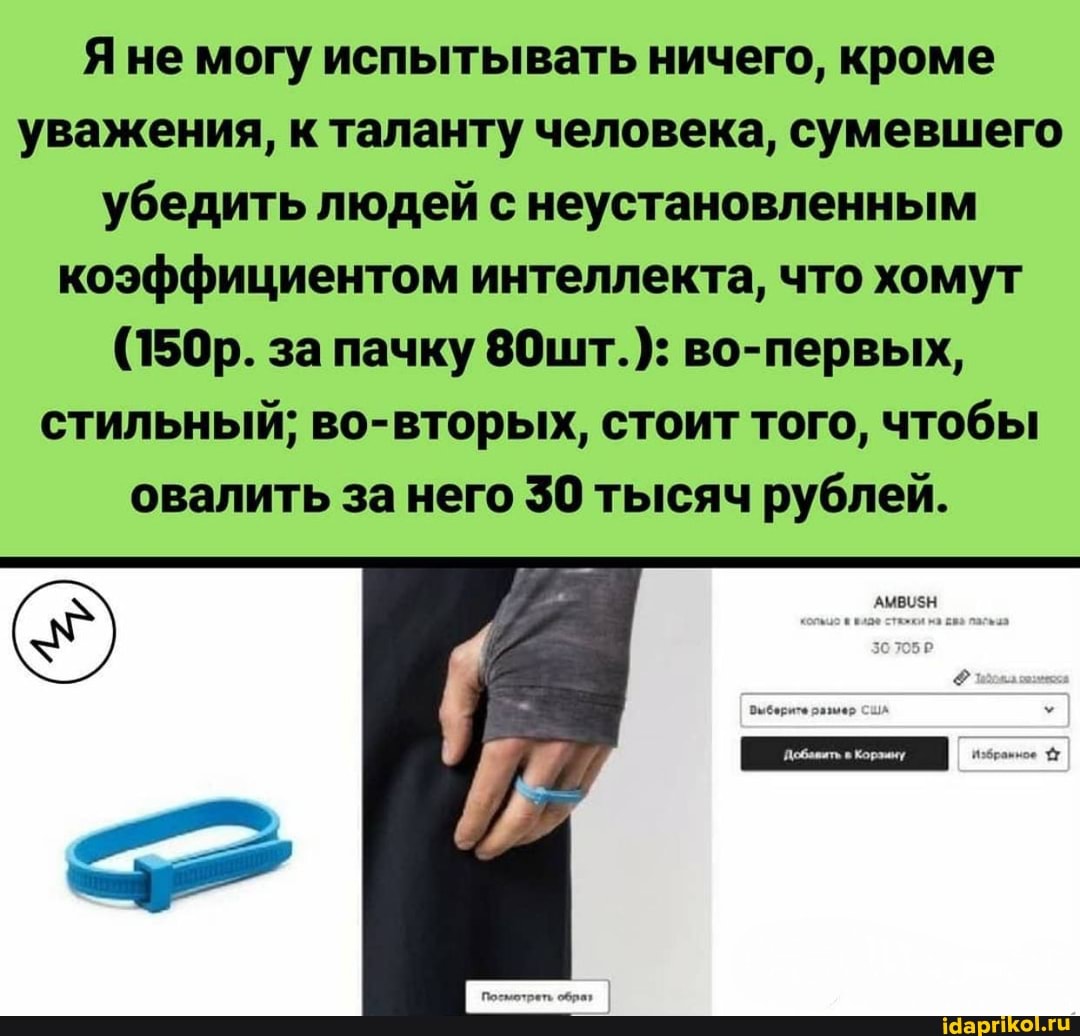 Я не могу испытывать ничего, кроме уважения, к таланту человека, сумевшего убедить людей с неустановленным коэффициентом интеллекта, что хомут
(150р. за пачку 80шт.): во-первых, стильный; во-вторых, стоит того, чтобы овалить за него 30 тысяч рублей.