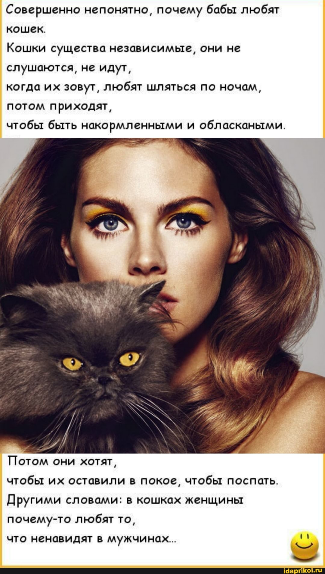 Совершенно непонятно, почему бабы любят кошек.
Кошки существа независимые, они не слушаются, не идут,
когда их зовут, любят шляться по ночам, потом приходят,
чтобы быть накормленными и обласкаными.
Потом они хотят,
чтобы их оставили в покое, чтобы поспать.
Другими словами: в кошках женщины почему-то любят то,
что ненавидят в мужчинах...