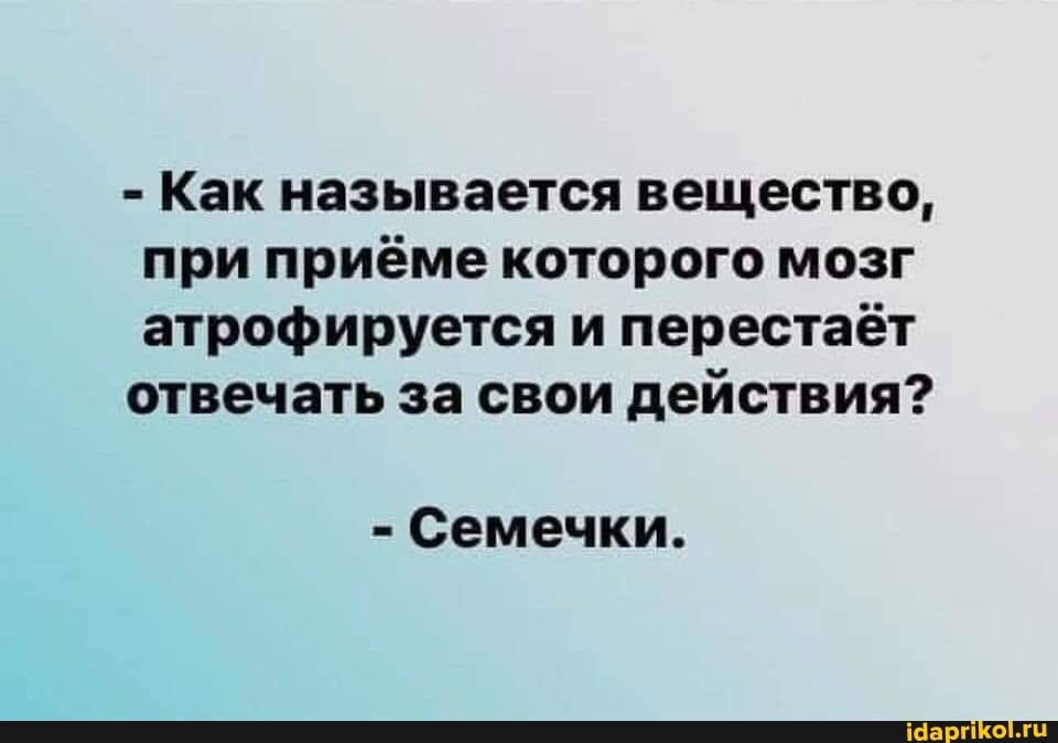 - Как называется вещество, при приёме которого мозг атрофируется и перестаёт
отвечать за свои действия?
- Семечки.
