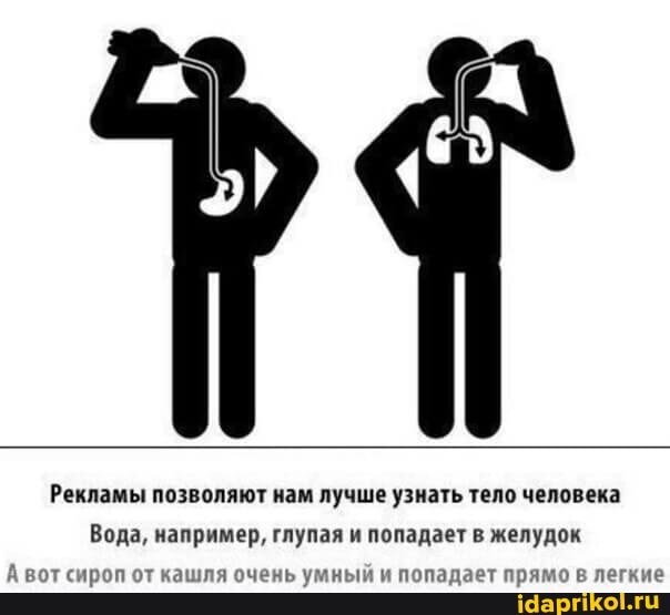 Рекламы позволяют нам лучше узнать тело человека
Вода, например, глупая и попадает в желудок
А вот сироп от кашля очень умный и попадает прял
в легкие