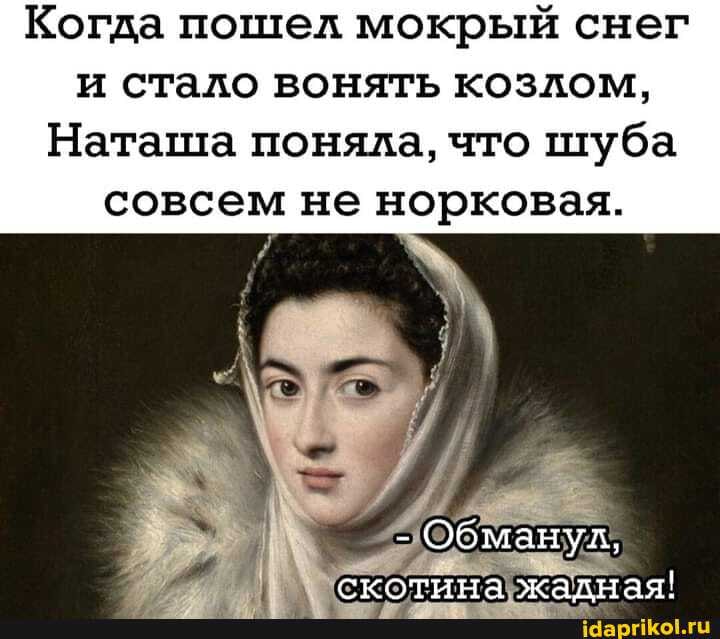Когда пошел мокрый снег и стало вонять козлом,
Наташа поняла, что шуба совсем не норковая.
- Обманул, скотина жалная!