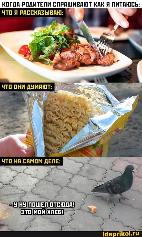 КОГДА РОДИТЕЛИ СПРАШИВАЮТ КАК Я ПИТАЮСЬ: что я РАССКАЗЫВАЮ:
НУ ПОШЕЛ ОТСЮДА!
ЗТО МОЙ ХЛЕБ!