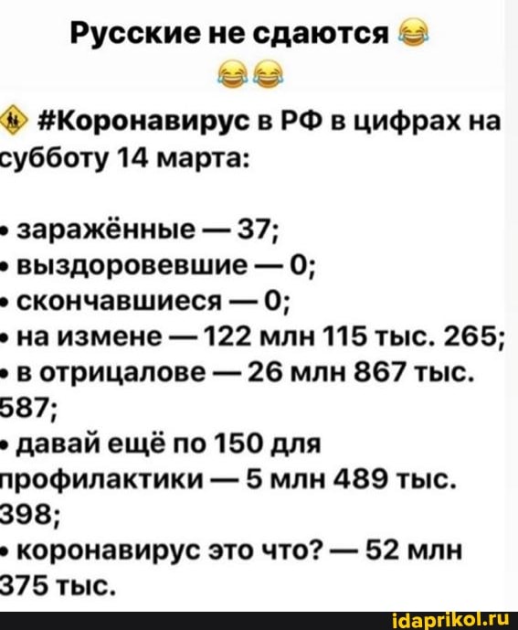 Русские не сдаются = #Коронавирус в РФ в цифрах на
субботу 14 марта:
заражённые ' выздоровевшие › скончавшиеся 122 млн 115 тыс. 265; в отрицалове 26 млн 867 тыс.
587;
давай ещё по 150 для
профилактики 5 млн 489 тыс.
398;
› коронавирус это что? 52 млн
375 тыс.