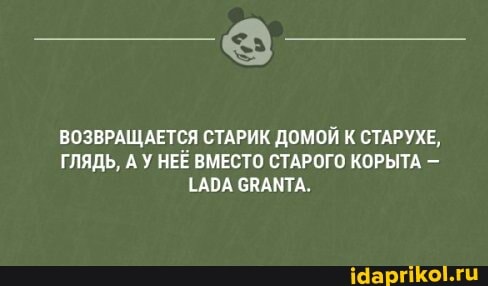 ВОЗВРАЩАЕТСЯ СТАРИК ДОМОЙ К СТАРУХЕ,
ГЛЯДЬ, АУ НЕЁ ВМЕСТО СТАРОГО КОРЫТА -
ГАБА СВАМТА.