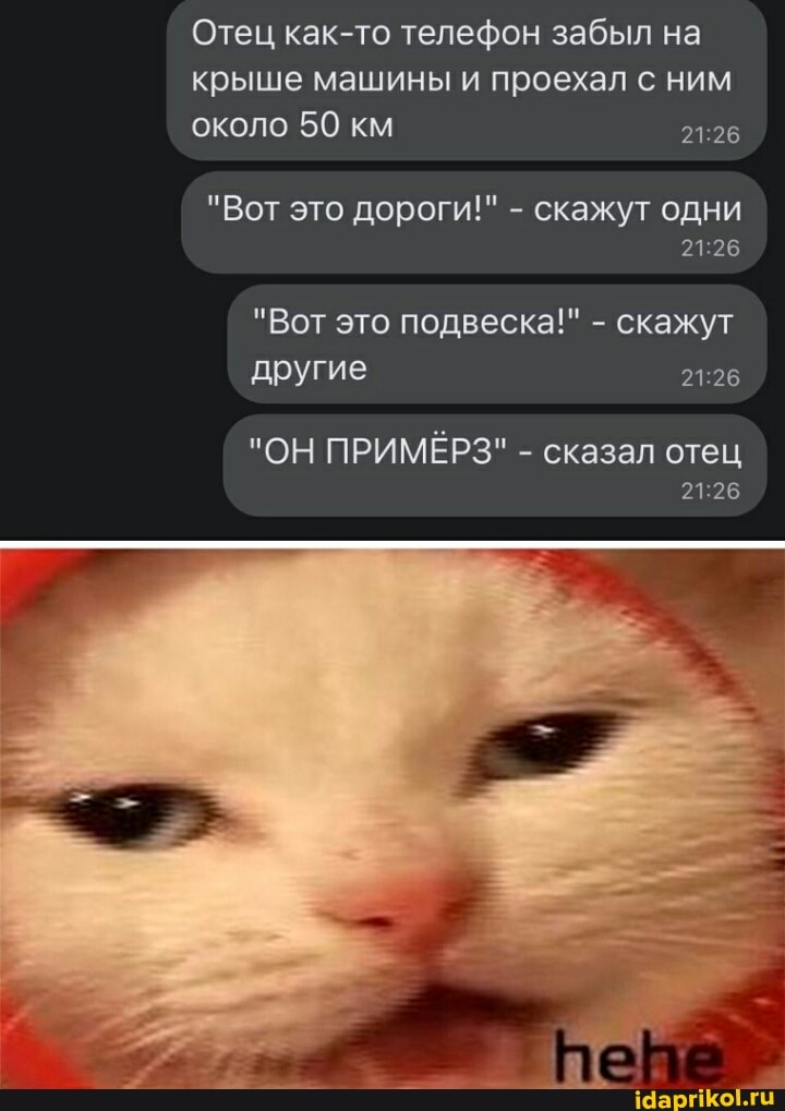 Отец как-то телефон забыл на крыше машины и проехал с ним около 50 км
"Вот это дороги!" - скажут одни
"Вот это подвеска!" - скажут другие
"ОН ПРИМЁРЗ" - сказал отец