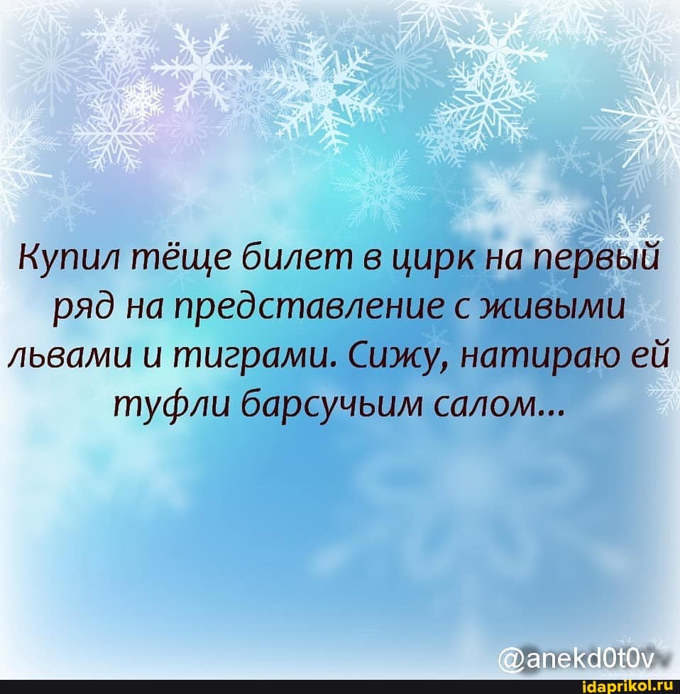Купил тёще билет в цирк на первый ряд на представление с живыми львами и тиграми. Сижу, натираю ей туфли барсучьим салом...
