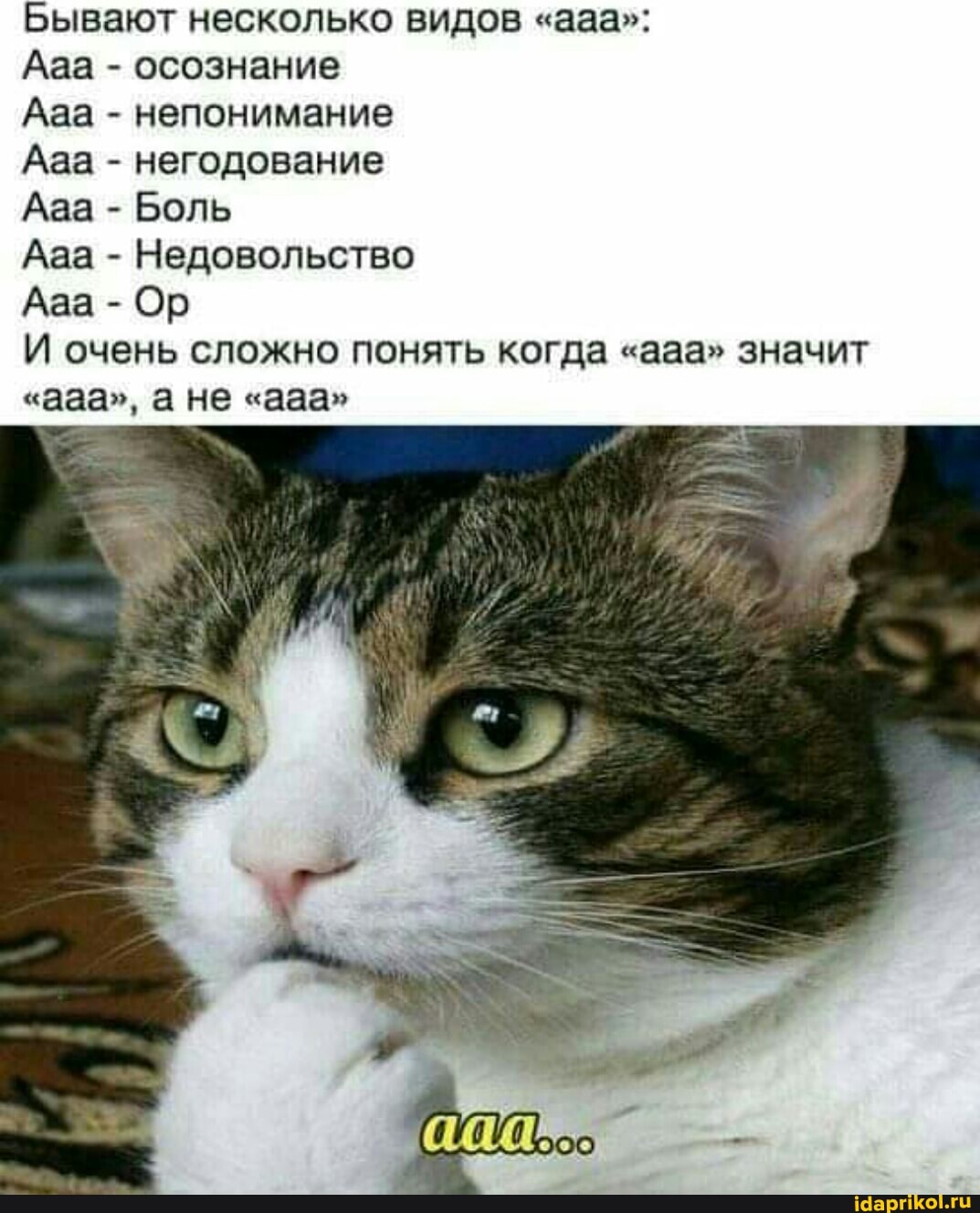 Бывают несколько видов "ааа":
Ааа - осознание
Ааа - непонимание
Ааа - негодование
Ааа - Боль
Ааа - Недовольство
Ааа - Об
И очень сложно понять когда "ааа" значит
"ааа", а не "ааа"