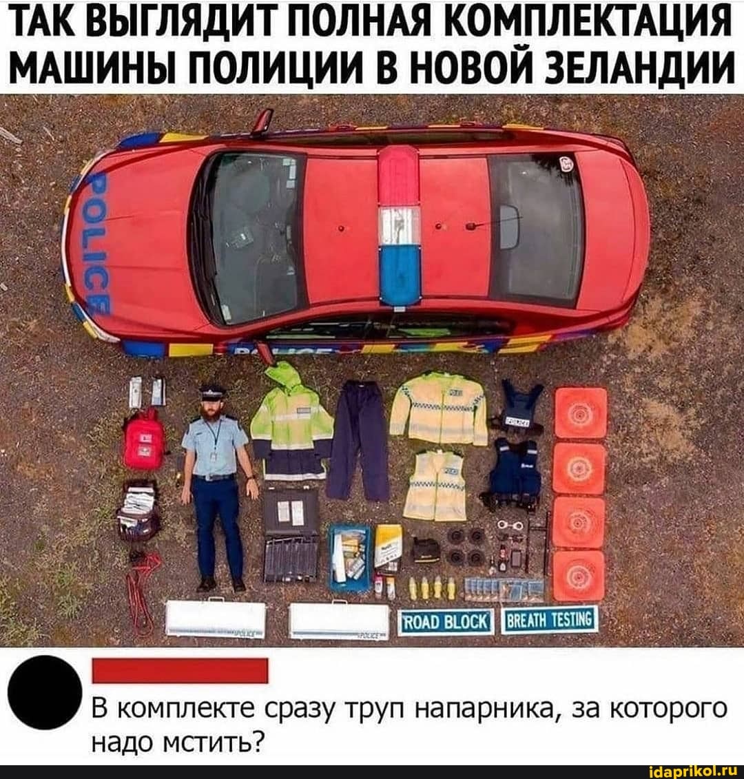ТАК ВЫГЛЯДИТ ПОЛНАЯ КОМПЛЕКТАЦИЯ
МАШИНЫ ПОЛИЦИИ В НОВОЙ ЗЕЛАНДИИ
В комплекте сразу труп напарника, за которого надо мстить?