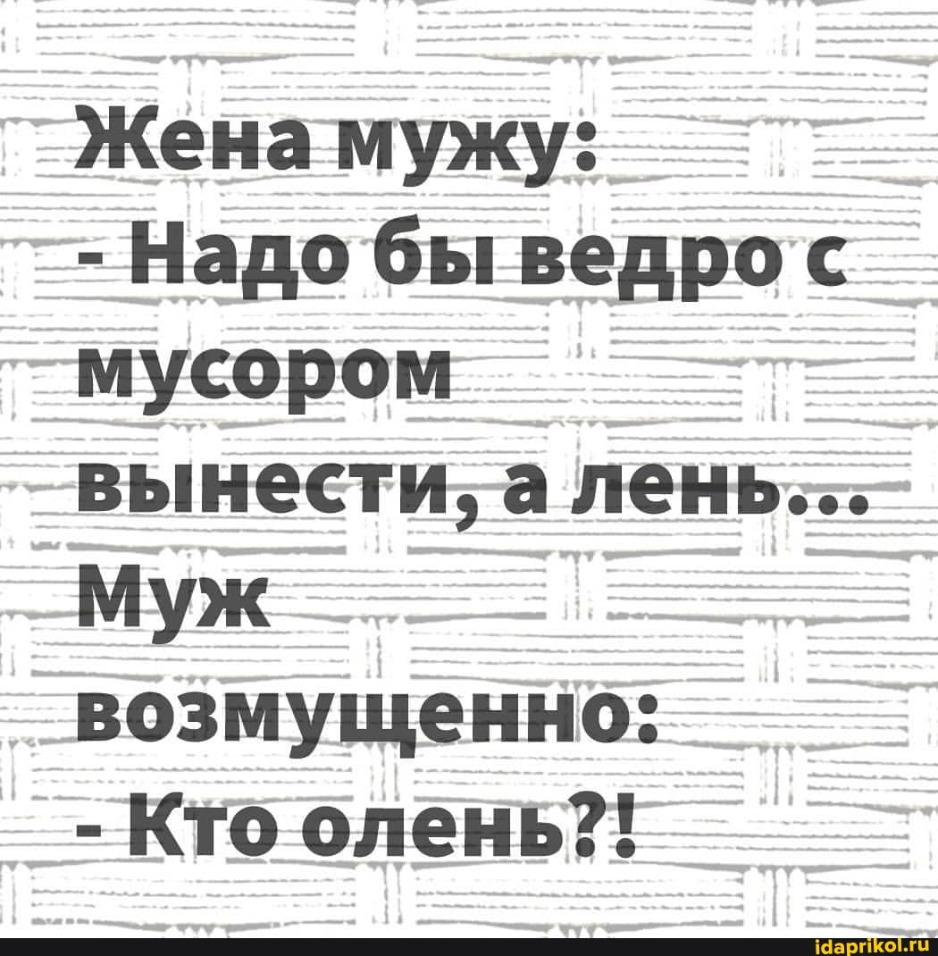 Жена мужу:
- Надо бы ведро с мусором вынести, а лень...
Муж возмущенно:
- Кто олень?!