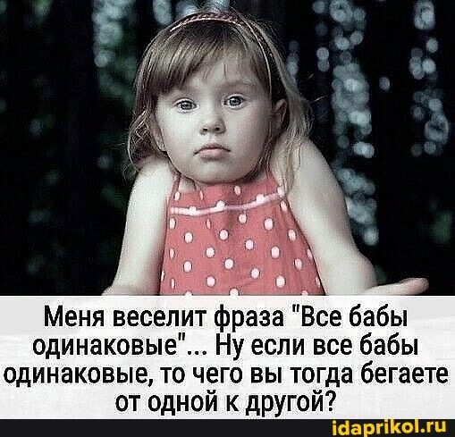 Меня веселит фраза "Все бабы одинаковые"... Ну если все бабы одинаковые, то чего вы тогда бегаете от одной к другой?