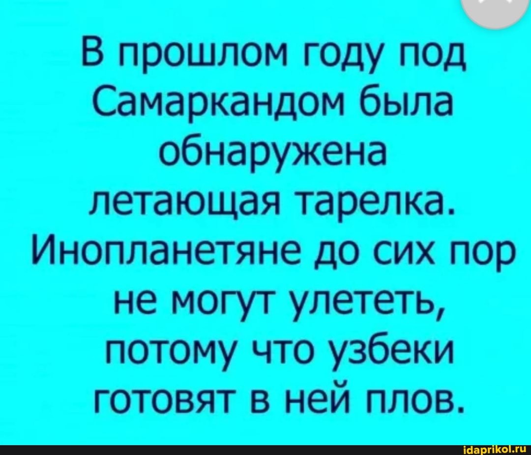 В прошлом году под
Самаркандом была обнаружена летающая тарелка.
Инопланетяне до сих пор не могут улететь, потому что узбеки готовят в ней плов.