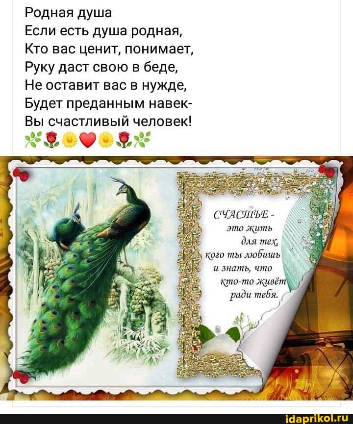 Родная душа
Если есть душа родная,
Кто вас ценит, понимает,
Руку даст свою в беде,
Не оставит вас в нужде,
Будет преданным навек-
Вы счастливый человек!
СЧЯСЛЕЬЕ - это Жить I
для тех,
кого ты любишь и знать, что
то-то живёт ради тебя. I