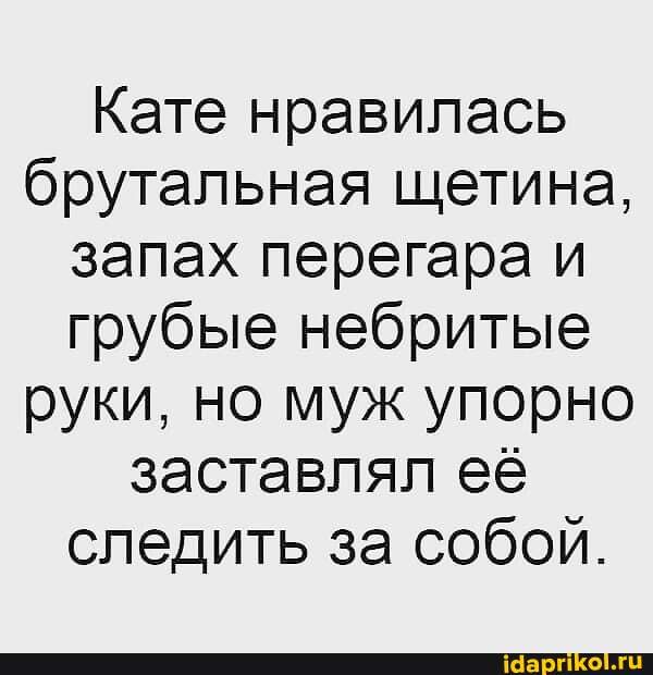 Кате нравилась брутальная щетина, запах перегара и грубые небритые руки, но муж упорно заставлял её следить за собой.