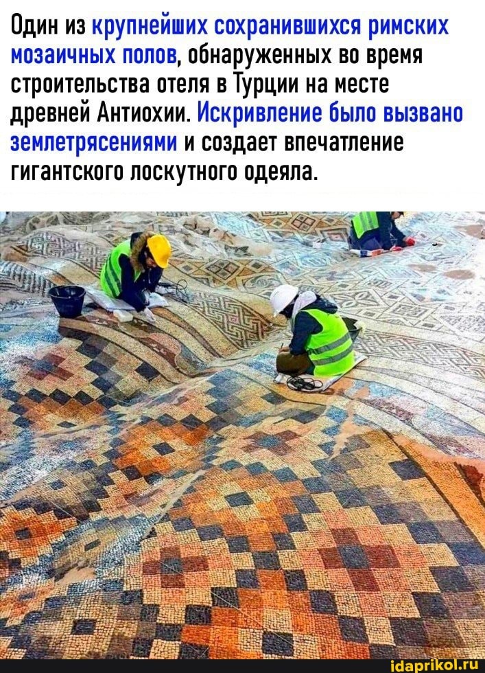 Один из крупнейших сохранившихся римских мозаичных полов, обнаруженных во время строительства отеля в Турции на месте древней Антиохии. Искривление было вызвано землетрясениями и создает впечатление гигантского лоскутного одеяла.
