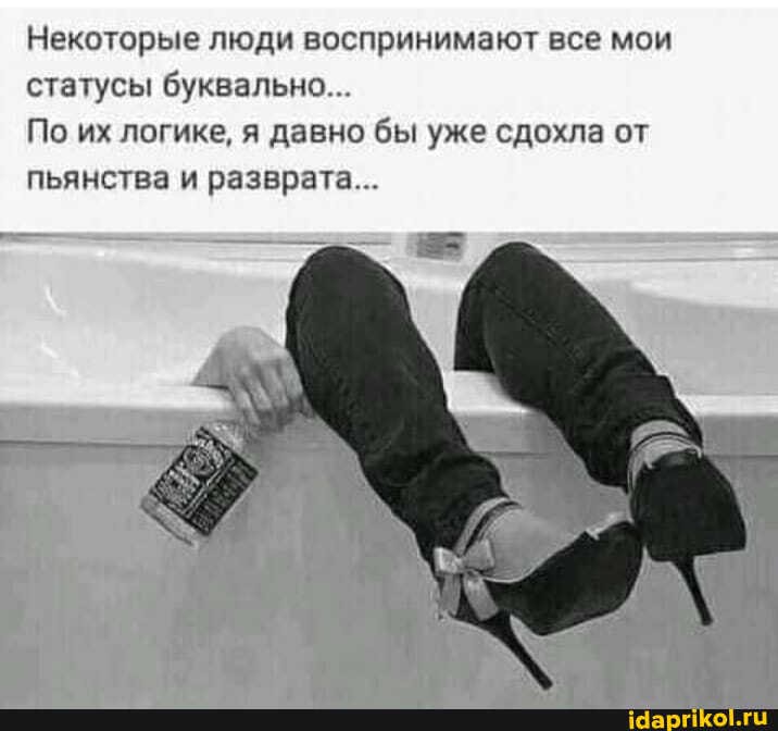 Некоторые люди воспринимают все мои статусы буквально...
По их логике, я давно бы уже сдохла от пьянства и разврата...