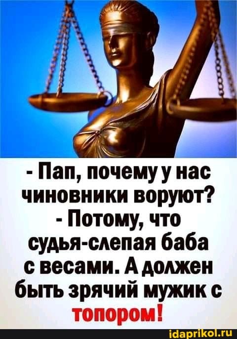 - Пап, почемуу нас чиновники воруют?
- Потому, что судья-слепая баба с весами. А должен быть зрячий мужик с топором!