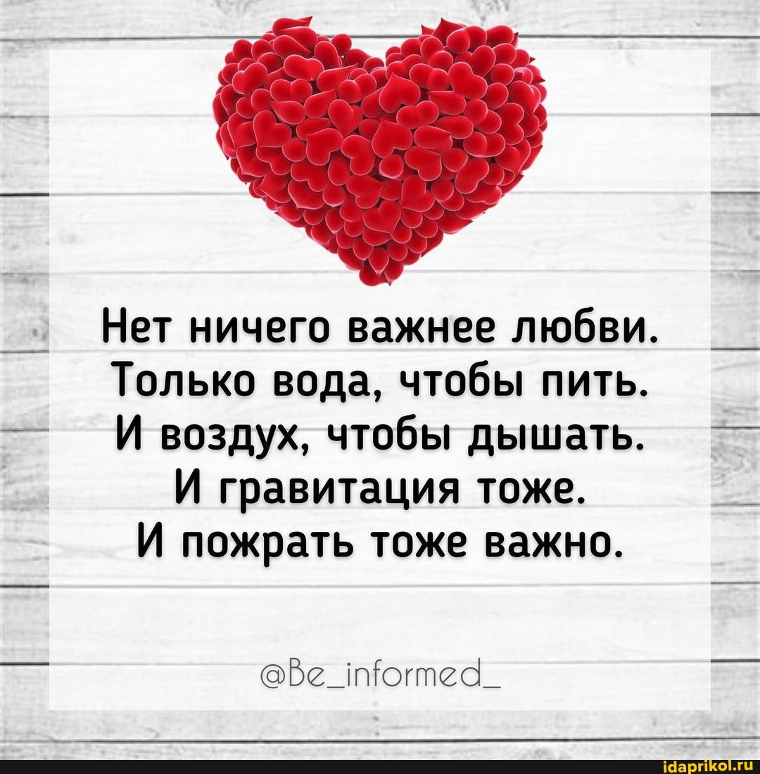 Нет ничего важнее любви.
Только вода, чтобы пить.
И воздух, чтобы дышать.
И гравитация тоже.
И пожрать тоже важно.