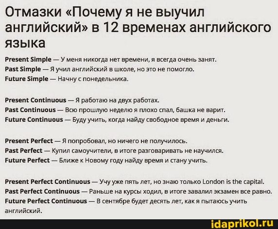 Отмазки "Почему я не выучил английский" в 12 временах английского языка
риезеп тре - У меня никогда нет времени, я всегда очень занят.
разё тре - Я учил английский в школе, но это не помогло.
Рикиге - Начну с понедельника.
риезепЕ Сопетиоиз - Я работаю на двух работах.
разЕ Соппиоиз - Всю прошлую неделю я плохо спал, башка не варит.
"Риките СопЫпиоиз - Буду учить, когда найду свободное время и деньги.
ргезепЕ РегРесё - Я попробовал, но ничего не получилось.
разё РеТес - Купил самоучители, в итоге разговаривать не научился.
Рикиге РемесЕ - Ближе к Новому году найду время и стану учить.
ргезепе РегРесе СопНпиоиз - Учу уже пять лет, но знаю только (опдоп 15 сарна!.
разё Реес Сопипиоиз - Раньше на курсы ходил, в итоге завалил экзамен все равно.
Рифите РемесЕ СопЕпиоцз - В сентябре будет десять лет, как я пытаюсь учить английский.