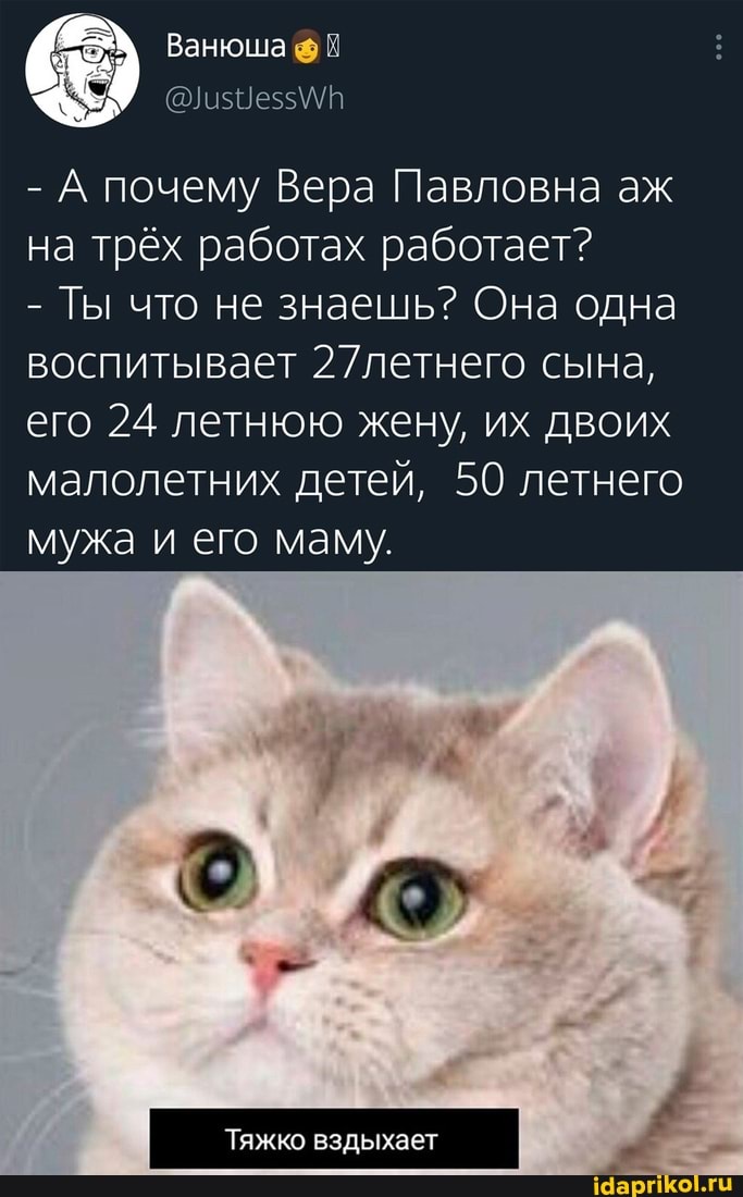 - А почему Вера Павловна аж на трёх работах работает?
Ты что не знаешь? Она одна воспитывает 27летнего сына, его 24 летнюю жену, их двоих малолетних детей, 50 летнего мужа и его маму.
Тяжко вздыхает