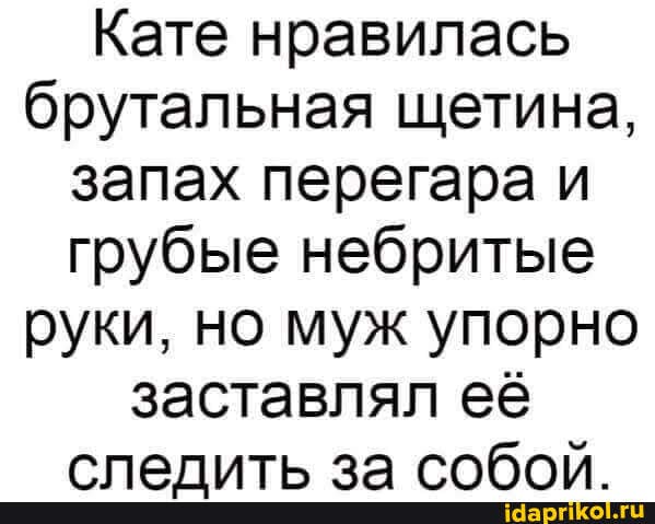 Кате нравилась брутальная щетина, запах перегара и грубые небритые руки, но муж упорно заставлял её
^палить за собом