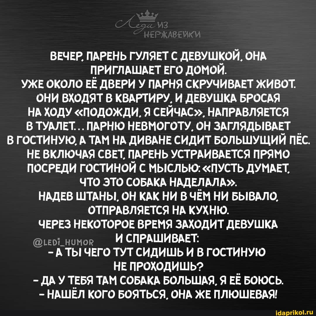ВЕЧЕР, ПАРЕНЬ ГУЛЯЕТ С ДЕВУШКОЙ, ОНА ПРИГЛАШАЕТ ЕГО ДОМОЙ.
УЖЕ ОКОЛО ЕЁ ДВЕРИ У ПАРНЯ СКРУЧИВАЕТ ЖИВОТ.
ОНИ ВХОДЯТ В КВАРТИРУ. И ДЕВУШКА БРОСАЯ НА ХОДУ "ПОДОЖДИ, Я СЕЙЧАС". НАПРАВЛЯЕТСЯ В ТУАЛЕТ... ПАРНЮ НЕВМОГОТУ, ОН ЗАГЛЯДЫВАЕТ В ГОСТИНУЮ, А ТАМ НА ДИВАНЕ СИДИТ БОЛЬШУЩИЙ ПЕС.
НЕ ВКЛЮЧАЯ СВЕТ, ПАРЕНЬ УСТРАИВАЕТСЯ ПРЯМО ПОСРЕДИ ГОСТИНОЙ С МЫСЛЬЮ: "ПУСТЬ ДУМАЕТ,
ЧТО ЭТО СОБАКА НАДЕЛАЛА".
НАДЕВ ШТАНЫ, ОН КАК НИ ЧЕМ НИ БЫВАЛО,
ОТПРАВЛЯЕТСЯ НА КУХНЮ.
ЧЕРЕЗ НЕКОТОРОЕ ВРЕМЯ ЗАХОДИТ ДЕВУШКА
@ ГЕРТ_НОМОЮ И СПРАШИВАЕТ:
А ТЫ ЧЕГО ТУТ СИДИШЬ И В ГОСТИНУЮ НЕ ПРОХОДИШЬ?
- ДАУ ТЕБЯ ТАМ СОБАКА БОЛЬШАЯ, Я ЕЁ БОЮСЬ.
- НАШЁЛ КОГО БОЯТЬСЯ, ОНА ЖЕ ПЛЮШЕВАЯ!