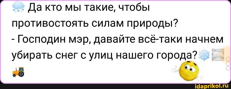 Да кто мы такие, чтобы противостоять силам природы?
- Господин мэр, давайте таки начнем убирать снег с улиц нашего города?