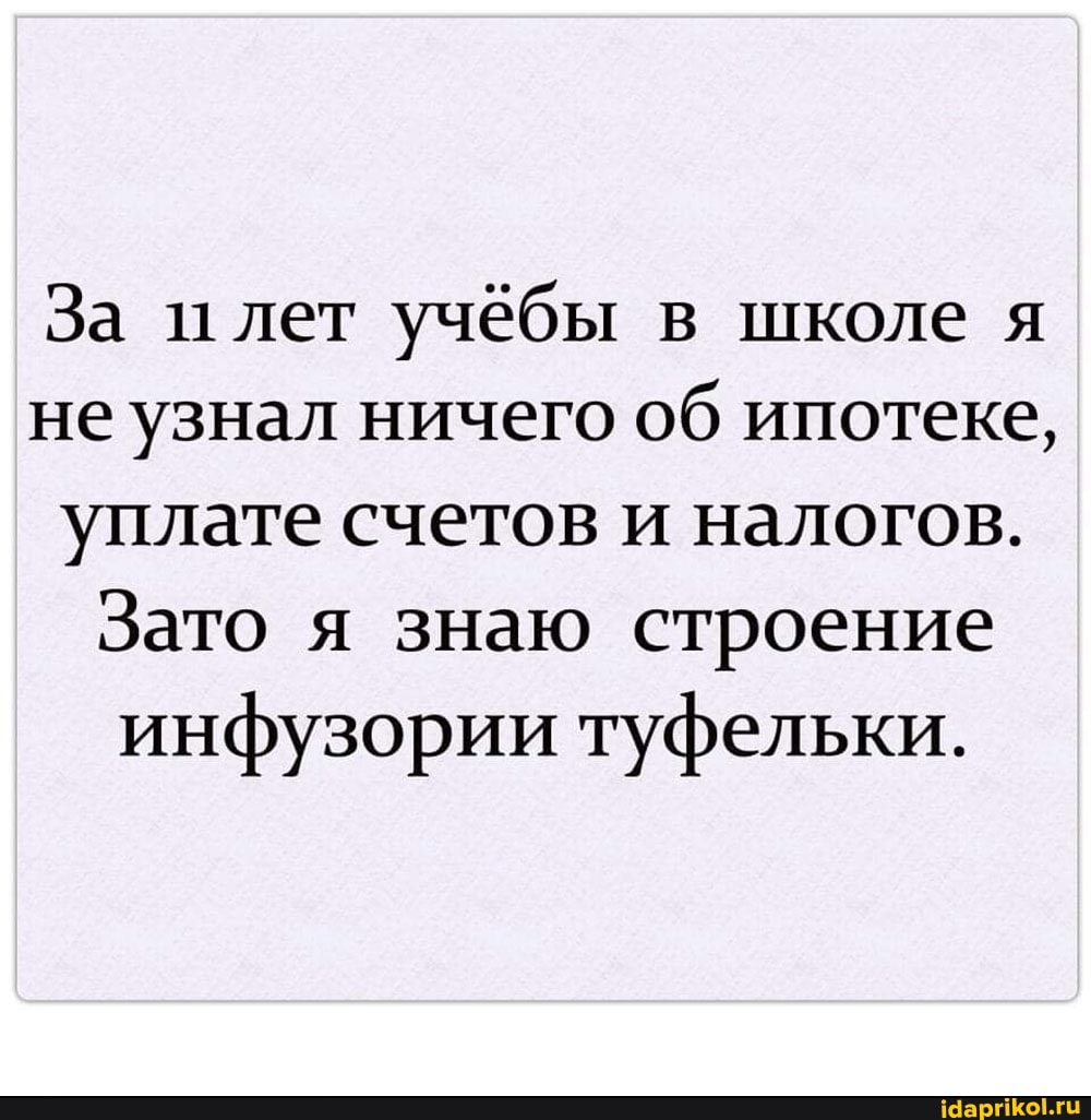 За лет учёбы в школе я не узнал ничего об ипотеке, уплате счетов и налогов.
Зато я знаю строение
инфузории туфельки.