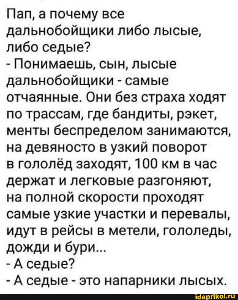 Пап, а почему все дальнобойщики либо лысые, либо седые?
- Понимаешь, сын, лысые дальнобойщики - самые отчаянные. Они без страха ходят по трассам, где бандиты, рэкет, менты беспределом занимаются, на девяносто в узкий поворот
в гололёд заходят, 100 км в час держат и легковые разгоняют,
на полной скорости проходят самые узкие участки и перевалы, идут в рейсы в метели, гололеды, дожди и бури...
- А седые?
- А седые - это напарники лысых.
