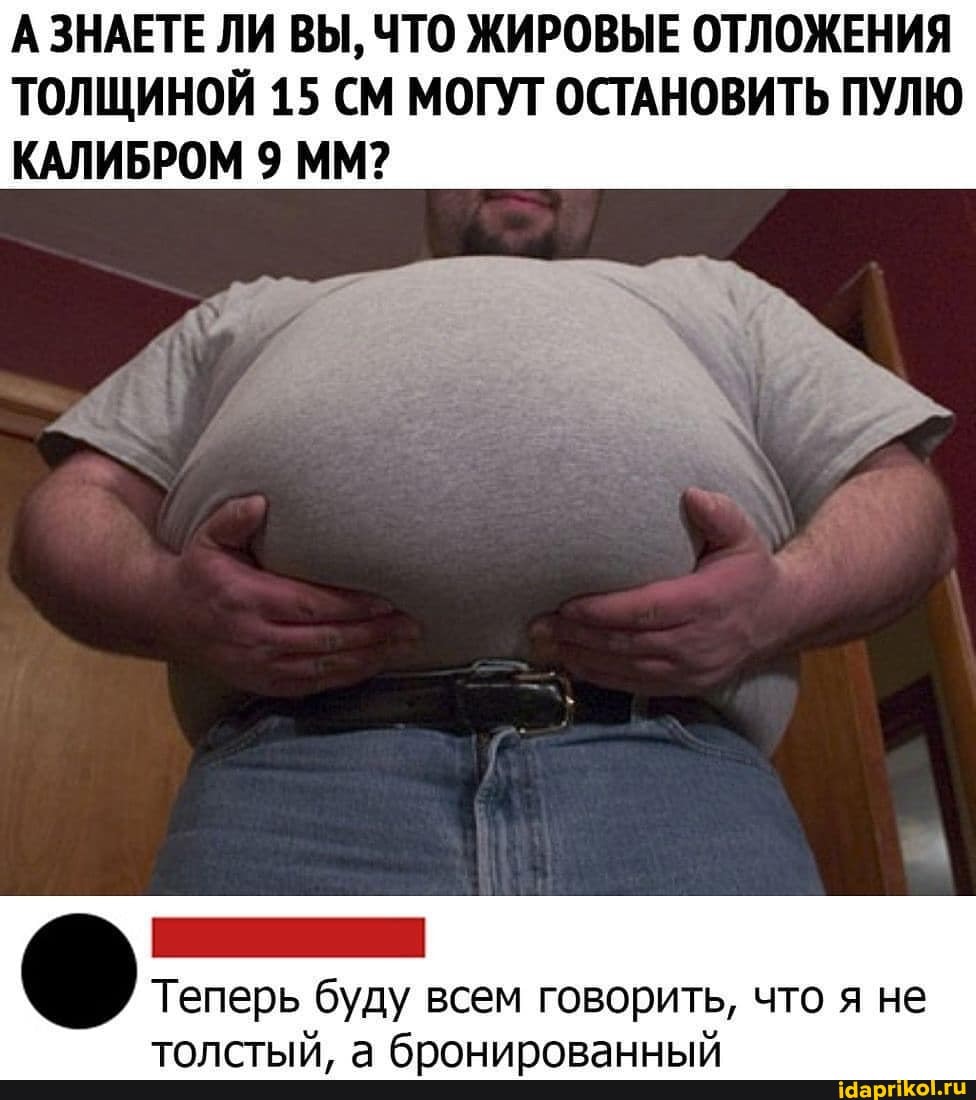А ЗНАЕТЕ ЛИ ВЫ, ЧТО ЖИРОВЫЕ ОТЛОЖЕНИЯ ТОЛЩИНОЙ 15 СМ МОГУТ ОСТАНОВИТЬ ПУЛЮ КАЛИБРОМ 9 ММ?
Теперь буду всем м говорить, что я не