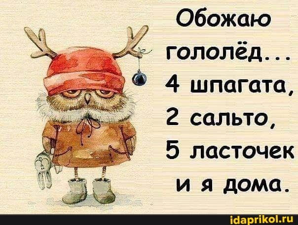 " Обожаю гололёд...
4 шпагата, сальто,
5 ласточек ия дома.