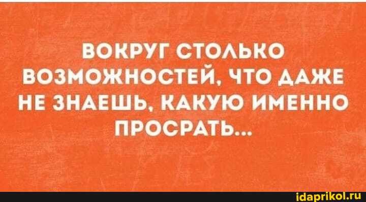ВОКРУГ СТОЛЬКО
ВОЗМОЖНОСТЕЙ, ЧТО ДАЖЕ
НЕ ЗНАЕШЬ, КАКУЮ ИМЕННО ПРОСРАТЬ...