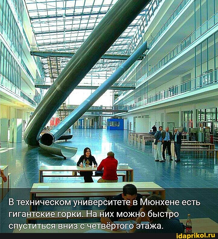В техническом университете в Мюнхене есть гигантские горки. На них можно быстро спуститься вниз с четвёртого этажа.