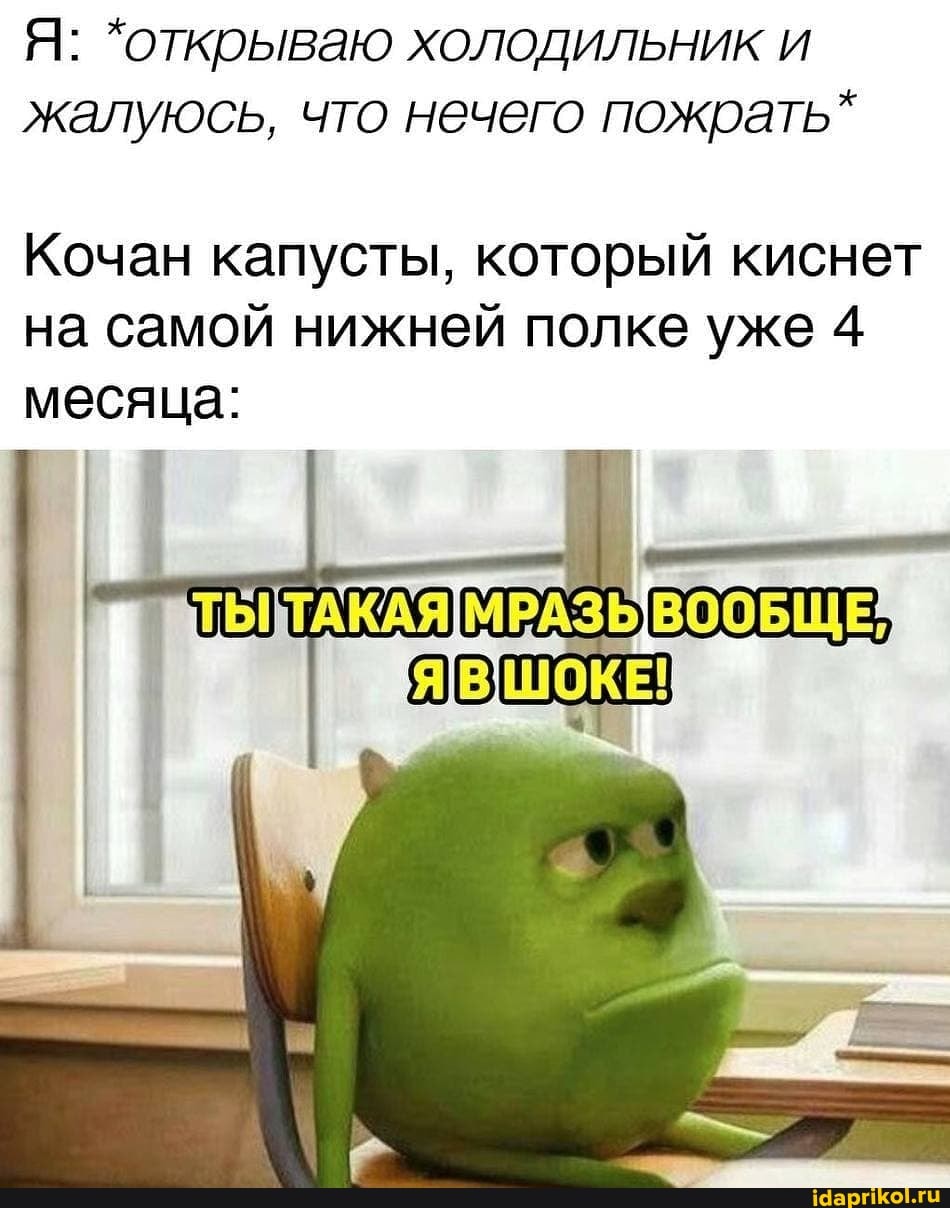 Я: *открываю холодильник и жалуюсь, что нечего пожрать*
Кочан капусты, который киснет на самой нижней полке уже 4 месяца:
ТЫ ЯВ ШОКЕ!