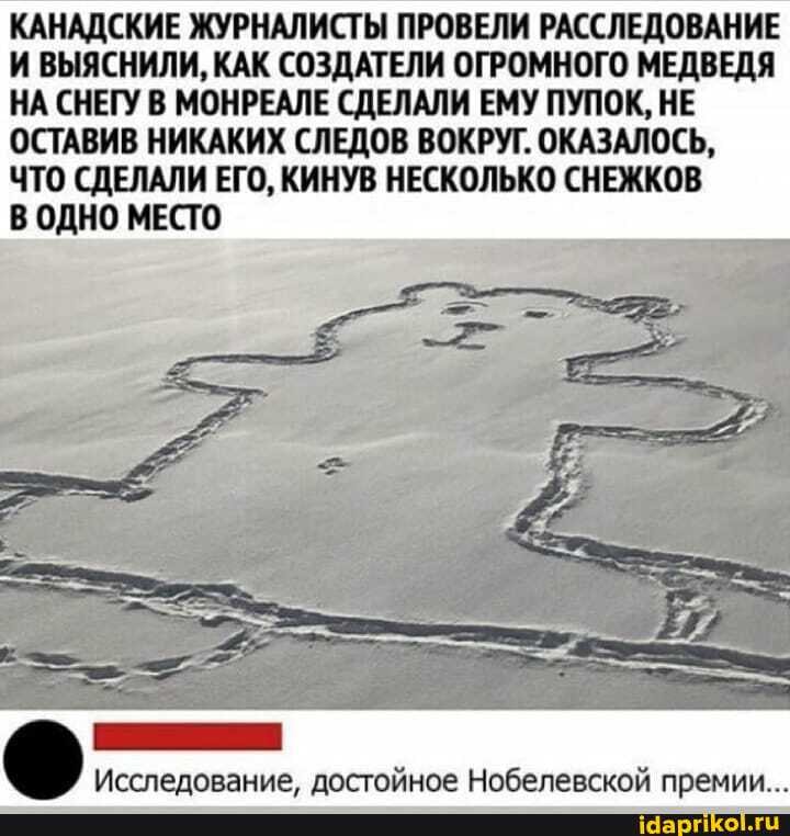 КАНАДСКИЕ ЖУРНАЛИСТЫ ПРОВЕЛИ РАССЛЕДОВАНИЕ И ВЫЯСНИЛИ, КАК СОЗДАТЕЛИ ОГРОМНОГО МЕДВЕДЯ НА СНЕГУ В МОНРЕАЛЕ СДЕЛАЛИ ЕМУ ПУПОК, НЕ ОСТАВИВ НИКАКИХ СЛЕДОВ ВОКРУГ. ОКАЗАЛОСЬ,
ЧТО СДЕЛАЛИ ЕГО, КИНУВ НЕСКОЛЬКО СНЕЖКОВ
В ОДНО МЕСТО
Исслелование. лостойное Нобелевской премии