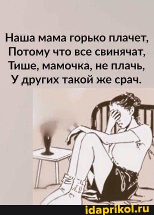 Наша мама горько плачет,
Потому что все свинячат,
Тише, мамочка, не плачь,
У других такой же срач.