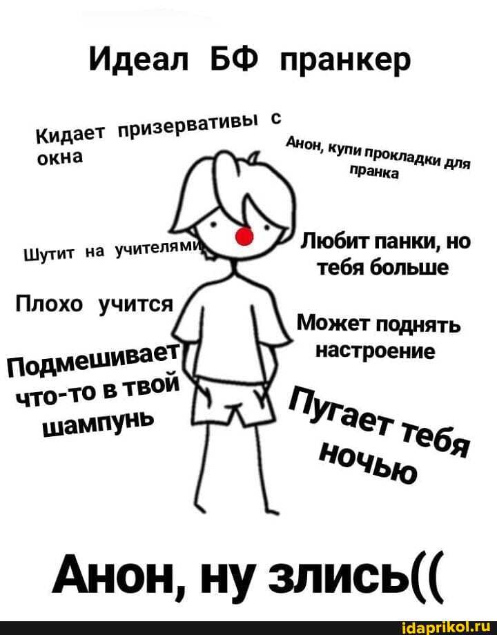 Идеал БФ пранкер
Кидает
призервативы с
Анон, ну злись((