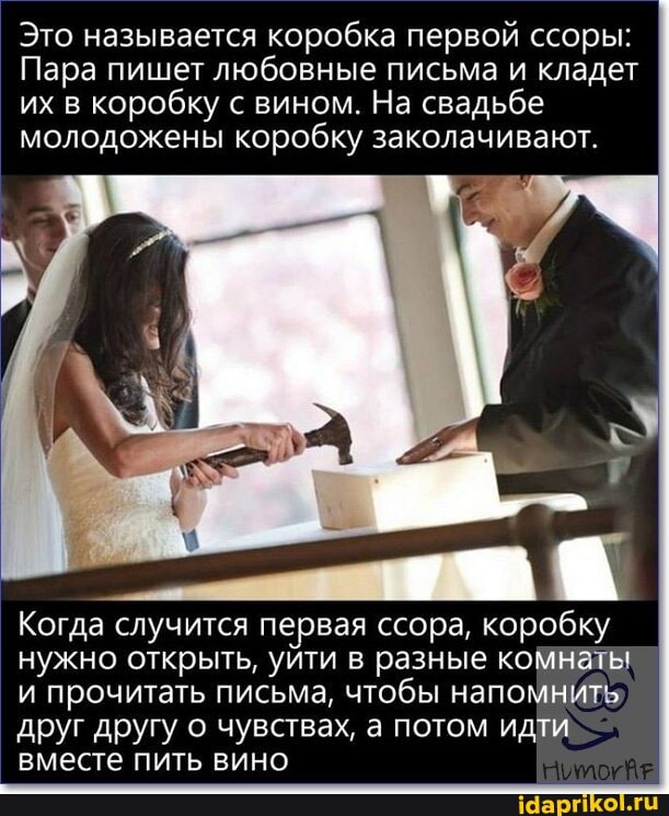 Это называется коробка первой ссоры:
Пара пишет любовные письма и кладет их в коробку с вином. На свадьбе
молодожены коробку заколачивают.
Когда случится первая ссора, коробку нужно открыть, уйти в разные ко и прочитать письма, чтобы напомнить друг другу о чувствах, а потом идти
вместе пить вино