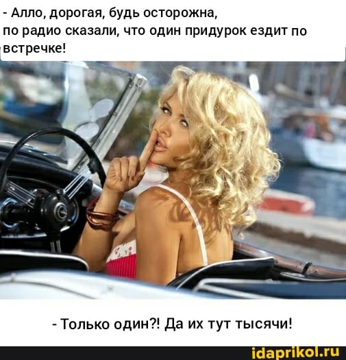 - Алло, дорогая, будь осторожна, по радио сказали, что один придурок ездит по
встречке!
- Только один?! Да их тут тысячи!