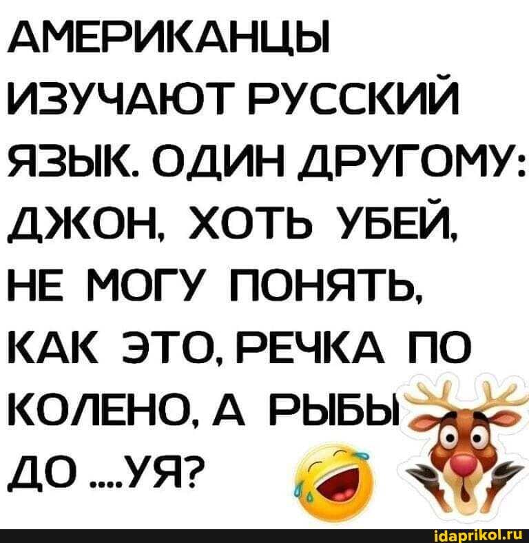 АМЕРИКАНЦЫ ИЗУЧАЮТ РУССКИЙ ЯЗЫК. ОДИН ДРУГОМУ:
ДЖОН, ХОТЬ УБЕЙ,
НЕ МОГУ ПОНЯТЬ,
КАК ЭТО, РЕЧКА ПО КОЛЕНО, А РЫБЫ:
ДО ".УЯ? "ТУ