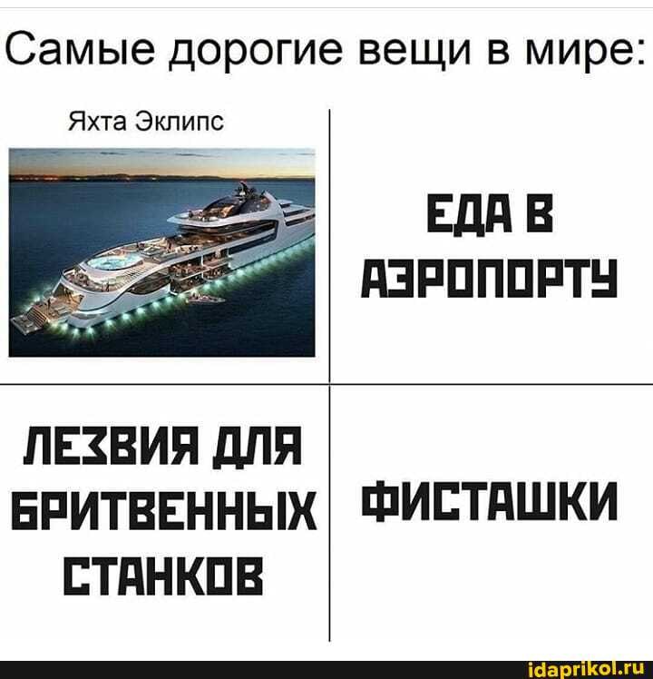 Самые дорогие вещи в мире:
Яхта Эклипс
ЕДА В
АЗРОПОРТУ
ЛЕЗВИЯ ДЛЯ
БРИТВЕННЫХ ФИСТАШКИ
СТАНКОВ