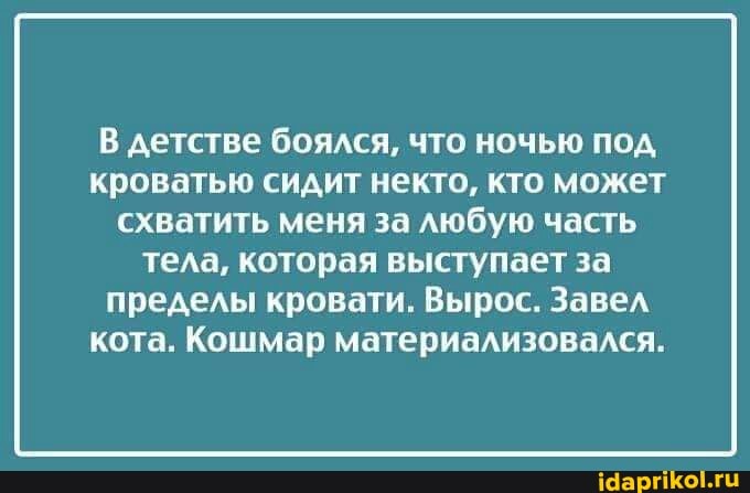 В детстве боялся, что ночью под кроватью сидит некто, кто может схватить меня за любую часть
тела, которая выступает за пределы кровати. Вырос. Завел кота. Кошмар материализовался.