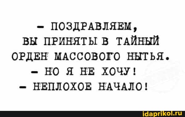ПОЗДРАВЛЯЕМ,
ВЫ ПРИНЯТЫ В ТАЙНЫЙ ОРДЕН МАССОВОГО НЫТЬЯ.
- НО Я НЕ ХОЧУ!
НЕПЛОХОЕ НАЧАЛО!