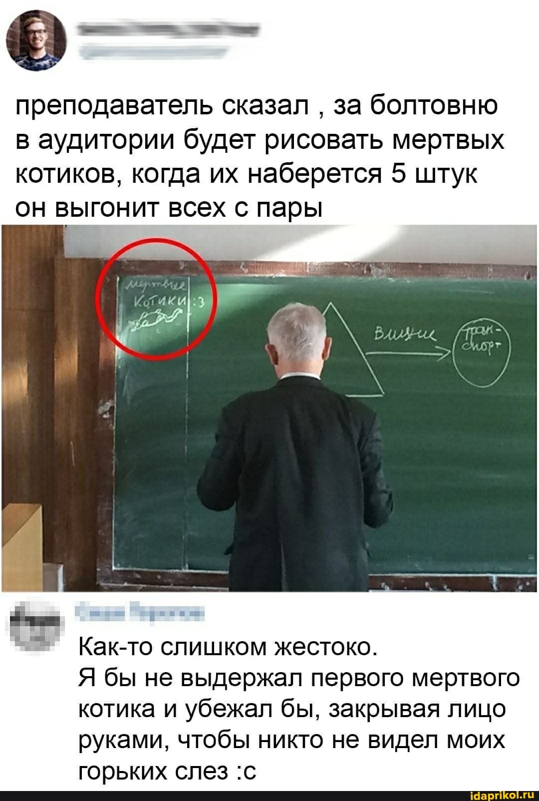 преподаватель сказал за болтовню в аудитории будет рисовать мертвых котиков, когда их наберется 5 штук
он выгонит всех с пары
Как-то слишком жестоко.
Я бы не выдержал первого мертвого котика и убежал бы, закрывая лицо руками, чтобы никто не видел моих горьких слез :с