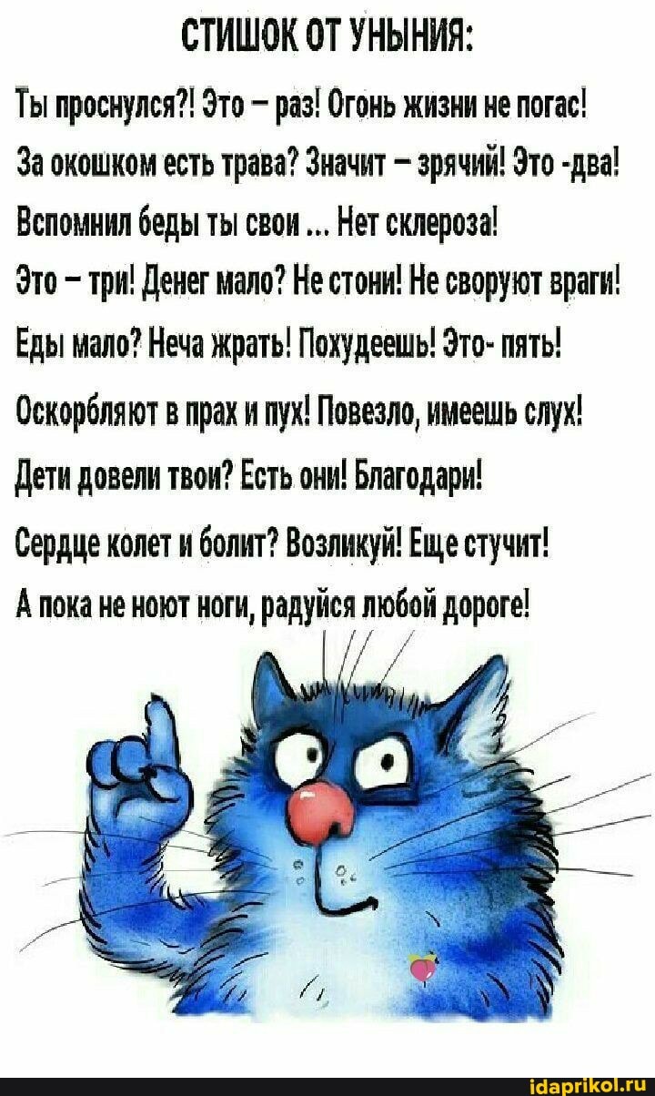 СТИШОК ОТ УНЫНИЯ:
Ты проснулся?! Это раз! Огонь жизни не погас!
Заокошком есть трава? Значит - зрячий! Это -два!
Вспомния беды ты свои... Нет склероза!
Это три! Денег мало? Не стони! Не своруют враги!
Еды мало? Неча жрать! Похудеешь! Это- пять!
Оскорбляют в прах и пух! Повезло, имеешь слух!
Дети довели твои? Есть они! Благодари!
Сердце колет и болит? Возликуй! Еще стучит!
А пока не ноют ноги, радуйся любой дороге!