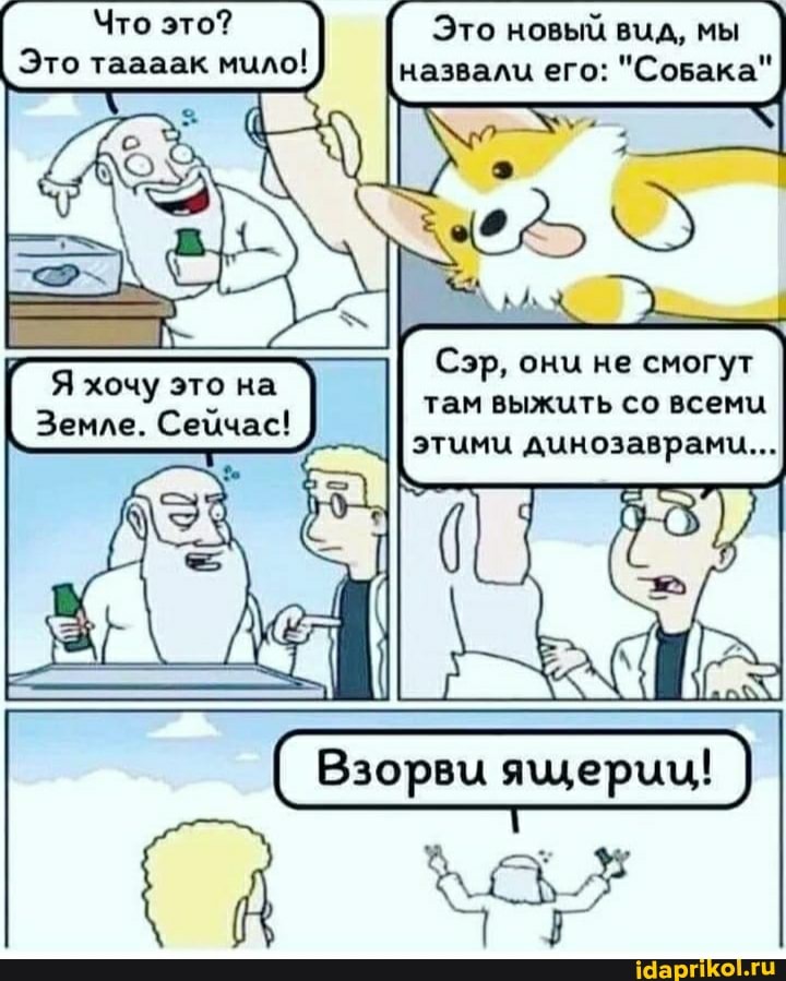 Что это?
Это таааак мило!
Это новый вид, мы назвали его: "СоБака"
Сэр, они не смогут там выжить со всеми этими динозаврами...
(д \5