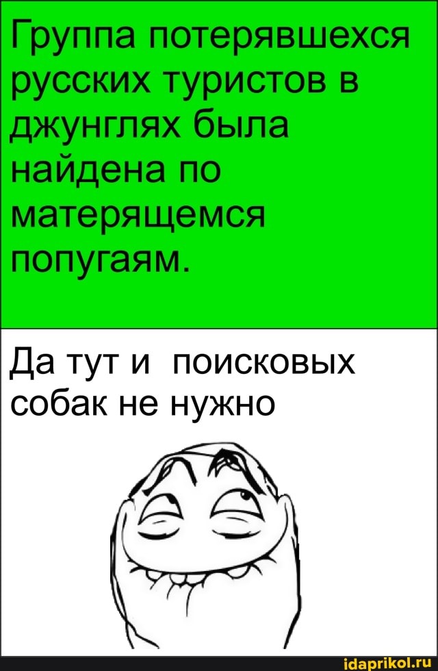 Группа потерявшехся русских туристов в джунглях была найдена по матерящемся попугаям.
Да тут поисковых собак не нужно