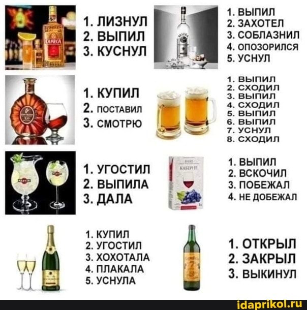 1. ЛИЗНУЛ
2. ВЫПИЛ
3. КУСНУЛ
1. КУПИЛ
2. ПОСТАВИЛ
3. СМОТРЮ
1. УГОСТИЛ
2. ВЫПИЛА
3. ДАЛА
1. КУПИЛ
2. УГОСТИЛ
3. ХОХОТАЛА
4. ПЛАКАЛА
5. УСНУЛА
ьою- ололромы
1. ВЫПИЛ
2. ЗАХОТЕЛ
. СОБЛАЗНИЛ
4. ОПОЗОРИЛСЯ
5. УСНУЛ
1. выпил
2. сходил з. выпил
4. сходил
5. ВЫПИЛ выпил
7. УСНУЛ сходил
1. ВЫПИЛ
2. ВСКОЧИЛ
3. ПОБЕЖАЛ
. НЕ ДОБЕЖАЛ
. ОТКРЫЛ
. ЗАКРЫЛ
. ВЫКИНУЛ